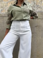 Camisa manga larga lino con tejido oliva - Imagen 2